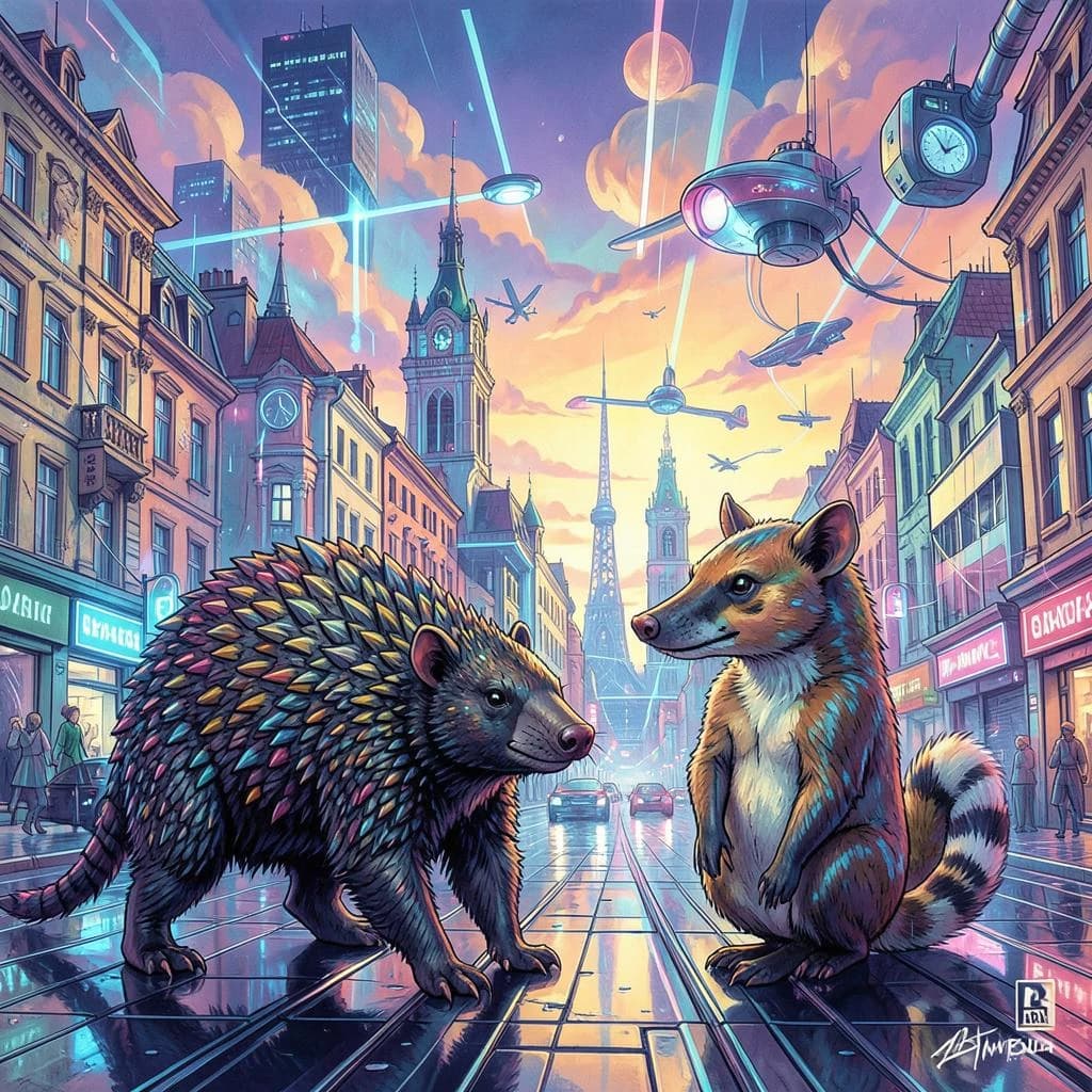 Scaly Anteater and Ringtail in Bucharest, Romania in the style of futurism