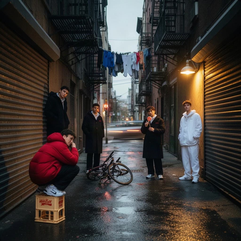 Cinematic photograph for a streetwear campaign, shot straight down a narrow rain-slick alleyway at dusk. Four models spread through the depth of the frame: the nearest crouches on a milk crate in a red puffer, two stand mid-alley in matching black coats, one leaning on a roll-up shutter and one holding a lollipop, and the farthest stands under the single working lamp in white. Three of the six fire escapes above carry laundry lines; the rest are bare. A delivery bike lies on its side between the two middle models. Blurred street traffic only at the far end.