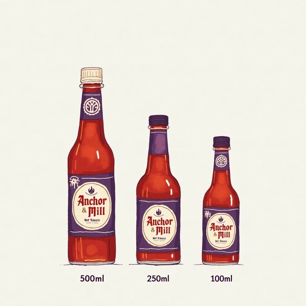 Cut-paper collage of the same hot-sauce bottle drawn in three sizes, captioned "500ml", "250ml" and "100ml", every size carrying the wordmark "Anchor & Mill" with a six-tooth gear mark beside it in the same purple-and-white coloring, only the bottle size changing.