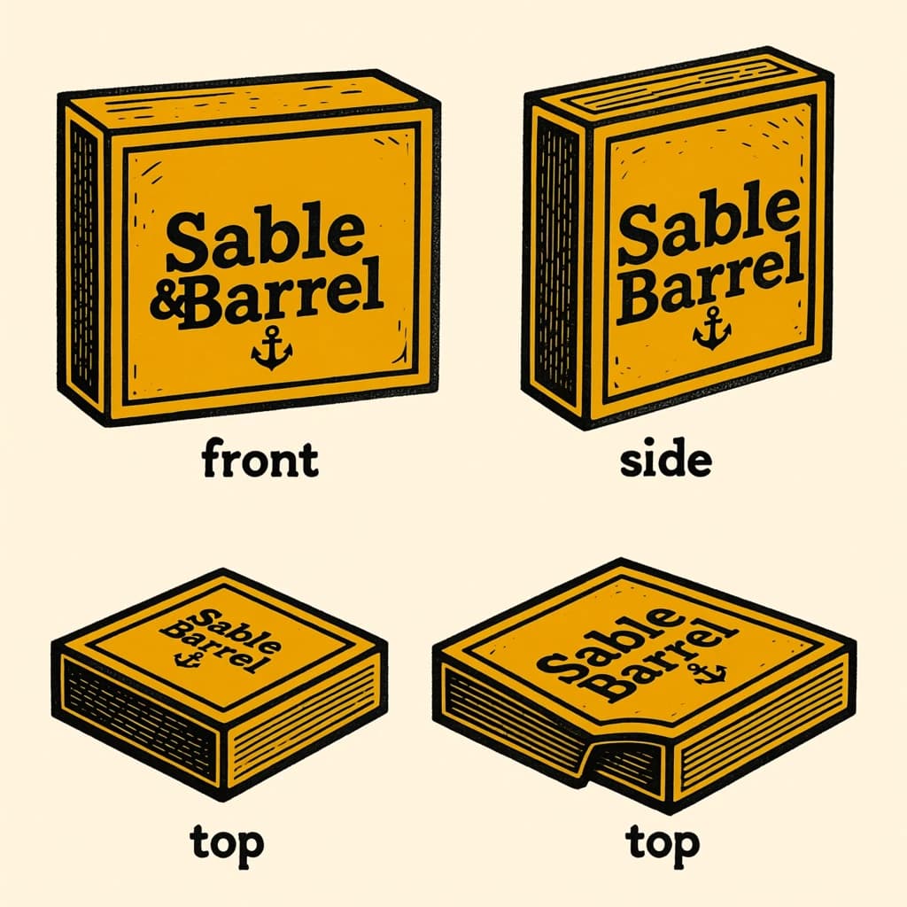 Linocut print: one board-game box in three views. The views are captioned "front", "side" and "top" in that order. The wordmark "Sable & Barrel" appears on every view with a small anchor mark beside it. The mustard-and-charcoal coloring is the same across every view, and only the angle changes.