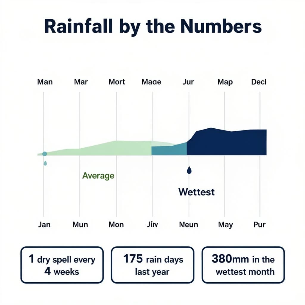 Flat infographic titled "Rainfall by the Numbers": at the center a twelve-month rainfall timeline, carrying two keyed regions, "Average" shaded pale green and "Wettest" shaded dark blue, beside a bottom row of three stat chips reading "1 dry spell every 4 weeks", "175 rain days last year" and "380mm in the wettest month".