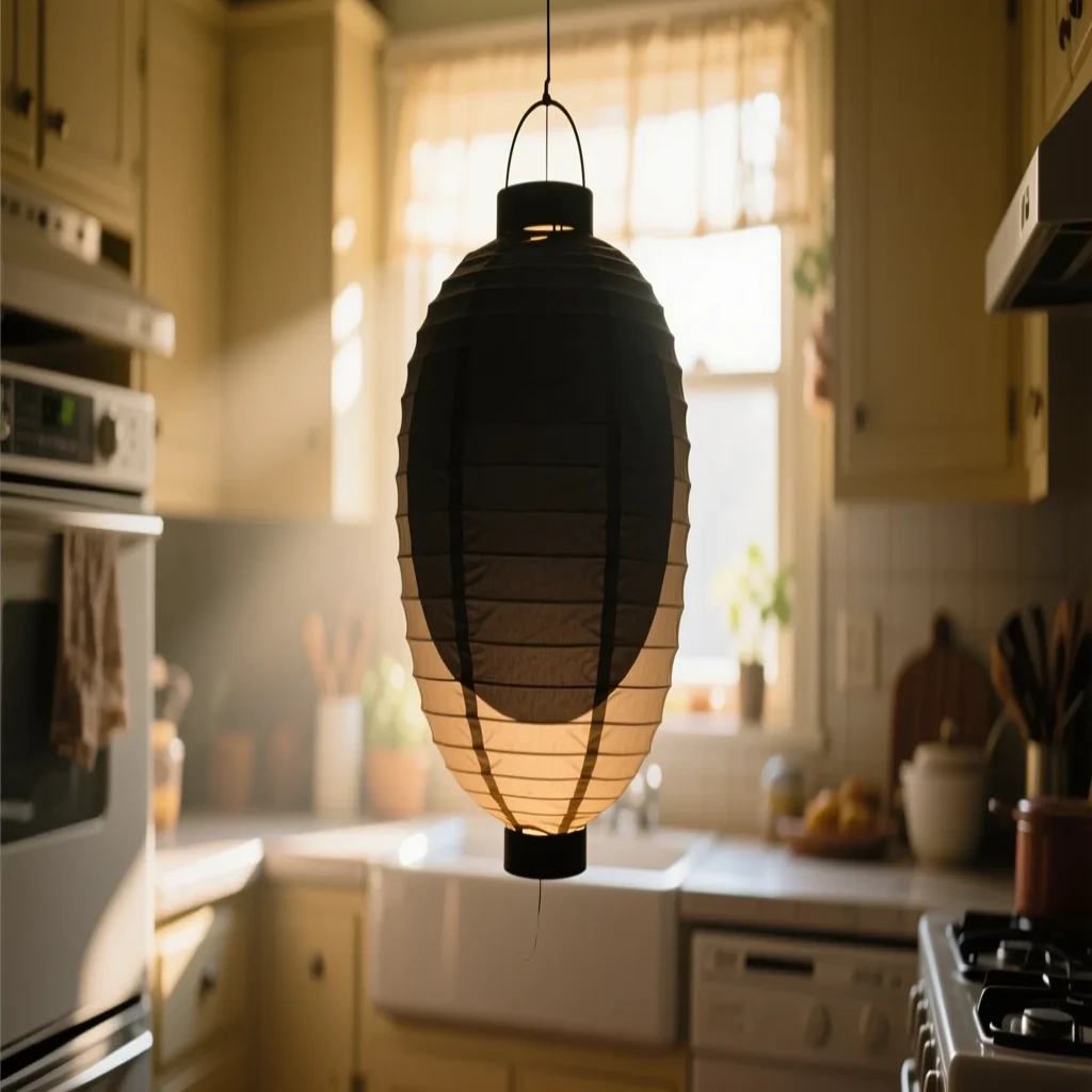 The still point when a paper lantern reads as a single dark silhouette, in a sunlit kitchen, under soft morning light.