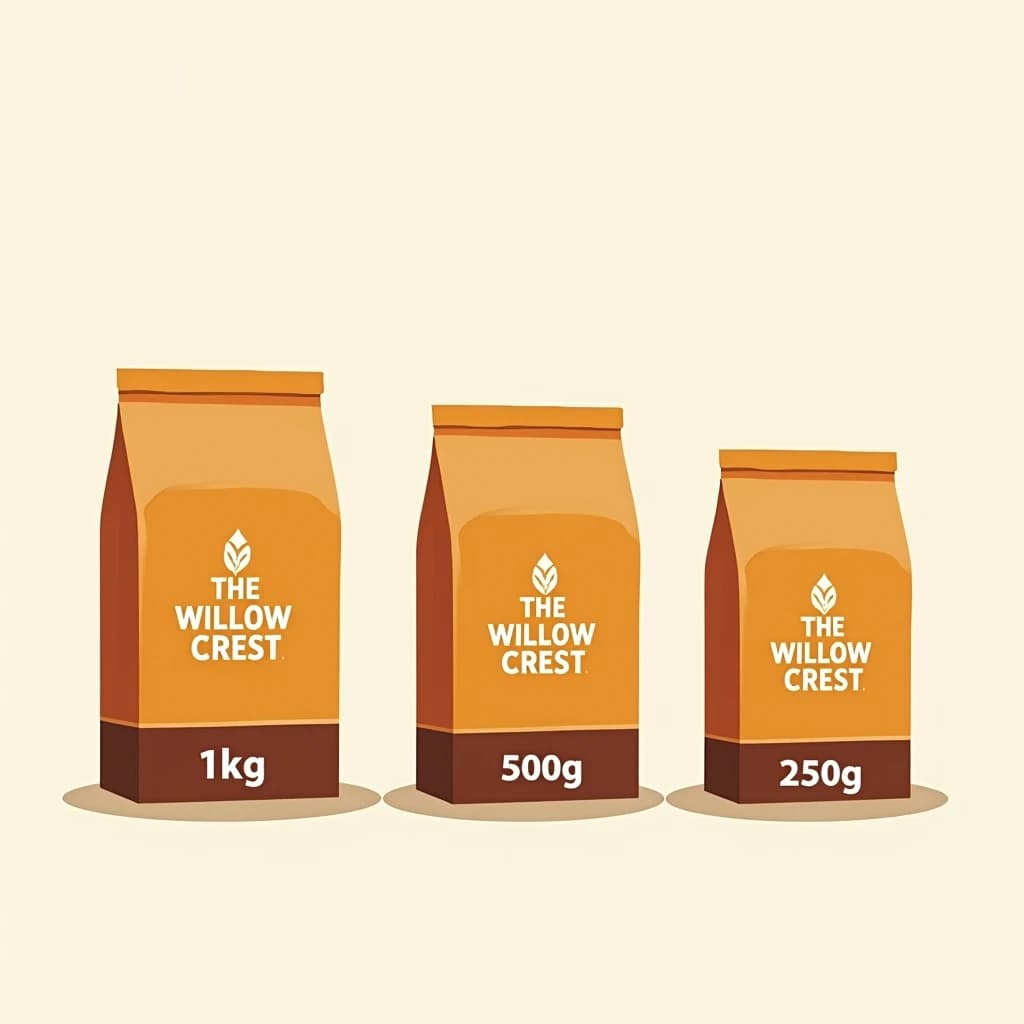 Flat vector illustration of the same coffee bag drawn in three sizes, captioned "1kg", "500g" and "250g", every size carrying the wordmark "The Willow Crest" in the same orange-and-brown coloring, only the bag size changing.