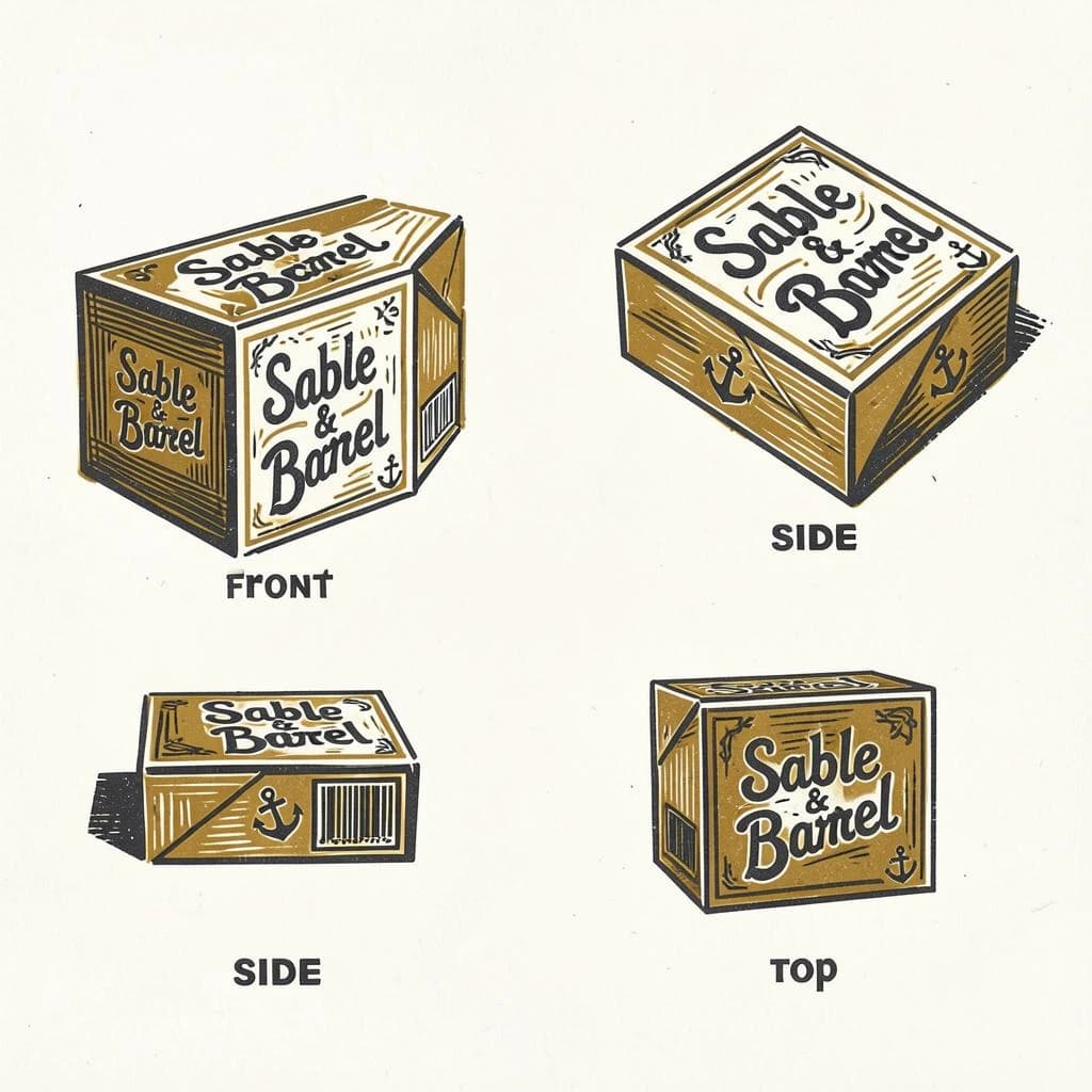 Linocut print: one board-game box in three views. The views are captioned "front", "side" and "top" in that order. The wordmark "Sable & Barrel" appears on every view with a small anchor mark beside it. The mustard-and-charcoal coloring is the same across every view, and only the angle changes.