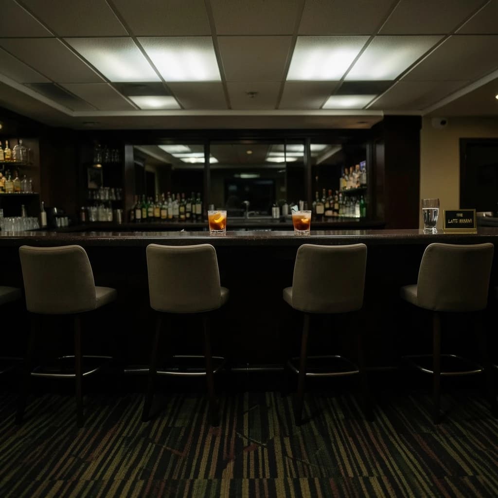 Liminal space photograph of a hotel bar at four in the morning, humming fluorescent ceiling panels, patterned carpet running off frame, nobody in sight. Eleven identical barstools stand in one unbroken row along the counter, only the fifth pulled out and turned. Three finished old fashioneds sit spaced along the bar, each down to melted ice and a single orange peel, and a fourth glass, freshly poured and still clear, waits at the far end beside a small brass sign reading "THE LATE ROOM".
