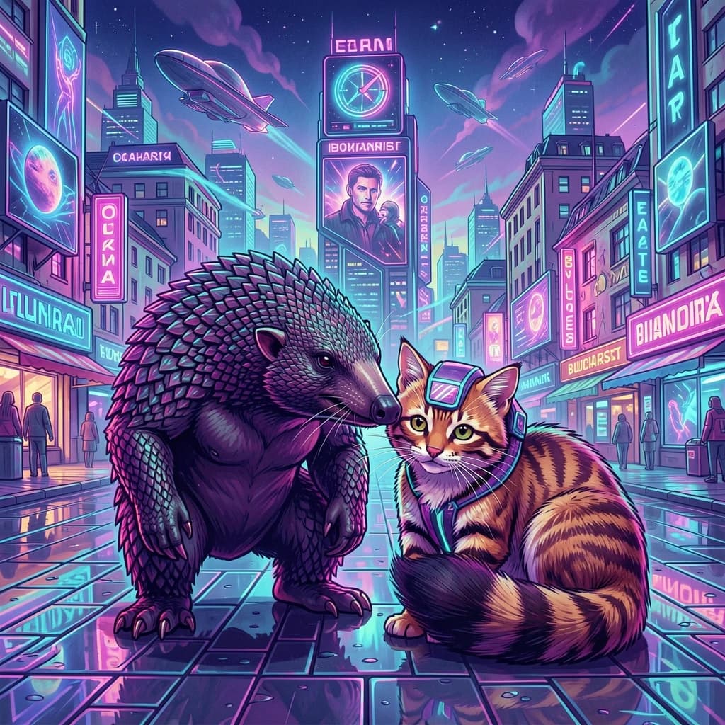 Scaly Anteater and Ringtail in Bucharest, Romania in the style of futurism