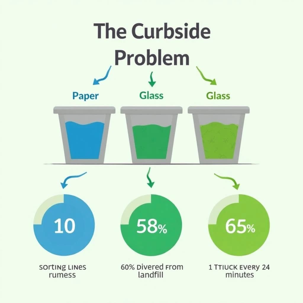 Flat vector illustration titled "The Curbside Problem". Three sorting bins with arrows to their destinations sits at the center, carrying two keyed regions, "Paper" shaded blue and "Glass" shaded green. Three stat chips run down a bottom row, reading "10 sorting lines running", "68% diverted from landfill" and "1 truck every 24 minutes". Each key color matches the shading of the region it names.