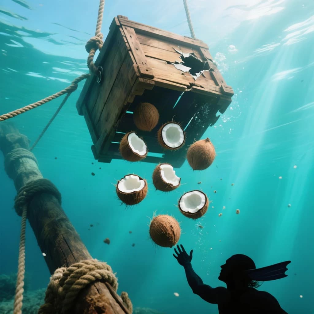 Underwater photography, film still from a castaway feature, shot from six metres down looking up toward the surface. A wooden crate has burst mid-sink: nine coconuts drift out of it, five still husked and pale brown, four split open and white, the split ones sinking faster than the whole ones. The crate hangs above them, lid half torn away, roped to a sunken mast that runs out of frame to the lower left. A swimmer silhouetted against the bright surface reaches down toward the nearest whole coconut, one fin missing. Blue green water column, sunbeams, drifting particles, natural light only.