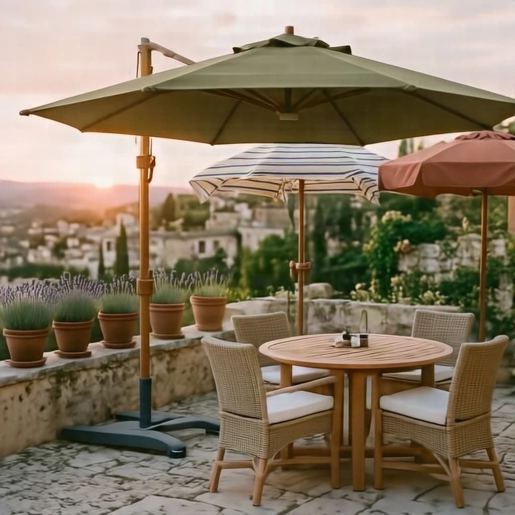 Late afternoon on a limestone terrace, warm low sun. Three patio umbrellas stand in the frame: a tall olive canvas cantilever umbrella open over a round teak table, and two smaller market umbrellas behind it, one cream with thin navy stripes and one solid terracotta, both furled and strapped to their poles. Four woven dining chairs sit around the teak table, the two in shade cushioned in white, the two in sun bare. Along the low wall behind, six clay pots in a line, the three nearest the camera planted with lavender, the three furthest holding only soil. Editorial photography, natural light, long soft shadows.
