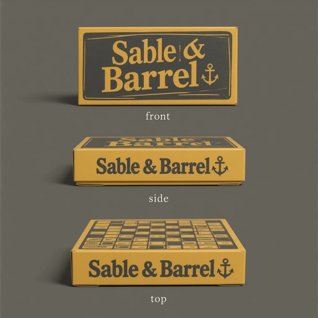 Linocut print: one board-game box in three views. The views are captioned "front", "side" and "top" in that order. The wordmark "Sable & Barrel" appears on every view with a small anchor mark beside it. The mustard-and-charcoal coloring is the same across every view, and only the angle changes.
