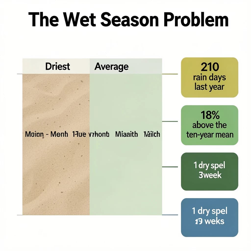 Printed poster titled "The Wet Season Problem". A twelve-month rainfall timeline sits at the center, carrying two keyed regions, "Driest" shaded sand and "Average" shaded pale green. Three stat chips run down a right column, reading "210 rain days last year", "18% above the ten-year mean" and "1 dry spell every 13 weeks". Each key color matches the shading of the region it names.