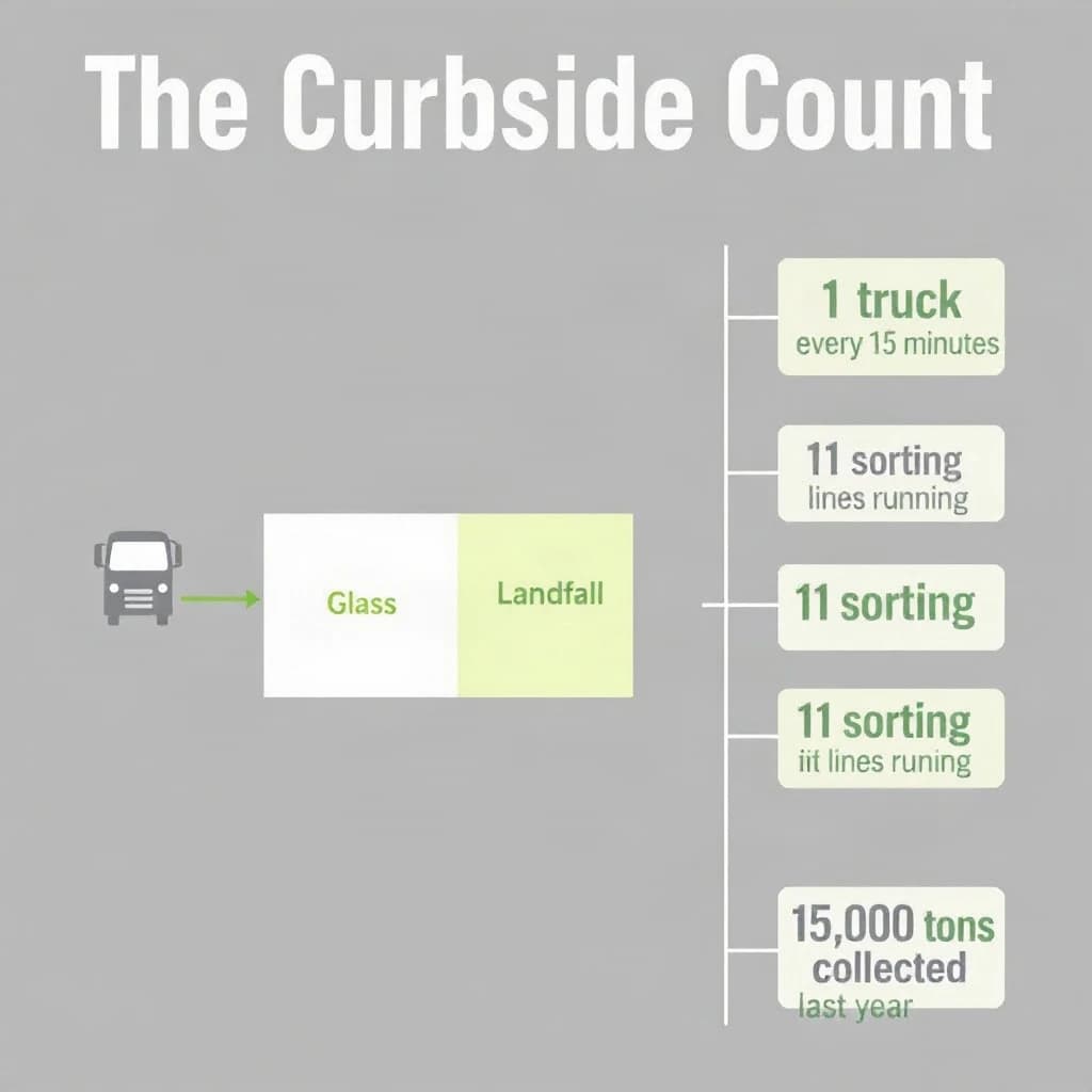 Printed poster titled "The Curbside Count": at the center a flow chart from curb to sorting floor, carrying two keyed regions, "Glass" shaded green and "Landfill" shaded gray, beside a right column of three stat chips reading "1 truck every 15 minutes", "11 sorting lines running" and "35,000 tons collected last year".