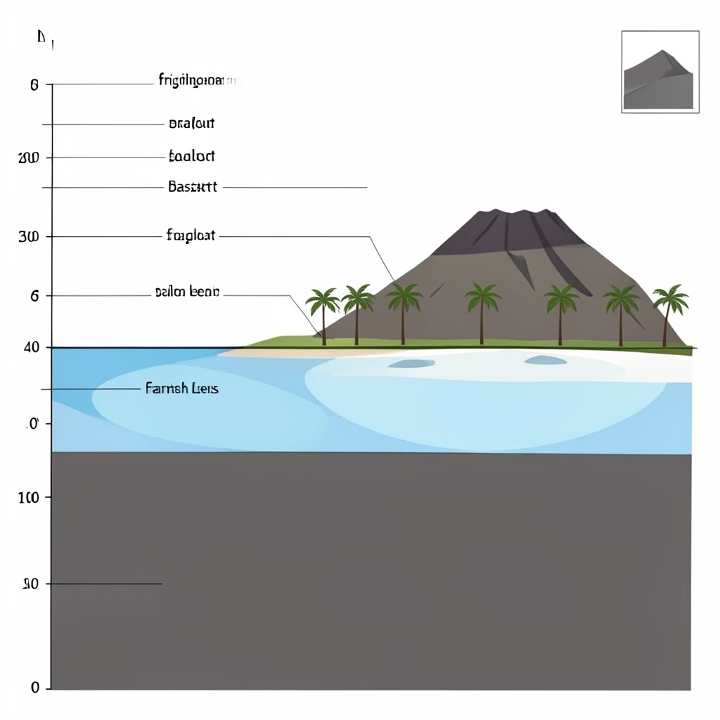 Cross section of a volcanic tropical island as a flat academic figure with clean colour blocks and a horizontal sea level line. Reading from the ocean on the left toward the right: a fringing reef crest, a shallow lagoon holding three coral heads, a white sand beach, a coconut palm belt of five trees, then a rising basalt cone with two lava layers picked out in darker grey, and a freshwater lens drawn as a pale blue dome under the middle of the island. Below sea level the flanks drop in three stepped terraces to a flat deep floor. Eight leader line labels, a depth scale down the left edge, and a small locator inset in the top right.