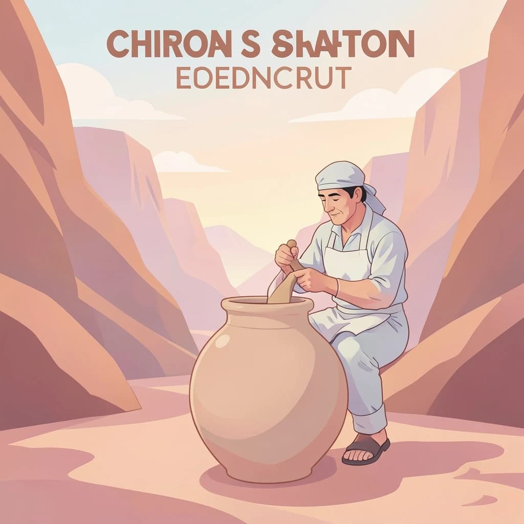 Poster illustration of a potter in a desert canyon, soft gradient fills, smooth vector finish, pastel palette.