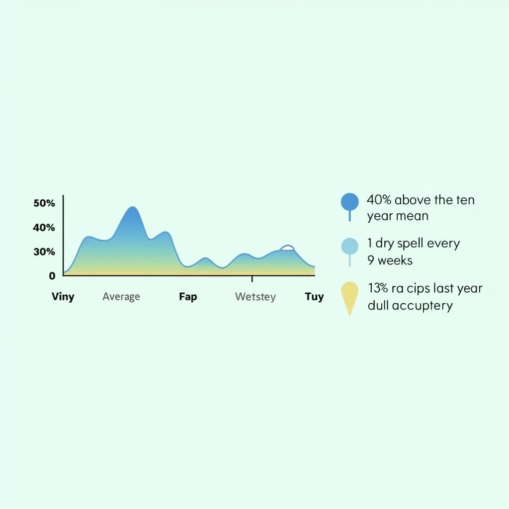 Flat vector illustration titled "The Wet Season Count": at the center a twelve-month rainfall timeline, carrying two keyed regions, "Average" shaded pale green and "Wettest" shaded dark blue, beside a right column of three stat chips reading "40% above the ten-year mean", "1 dry spell every 9 weeks" and "195 rain days last year".