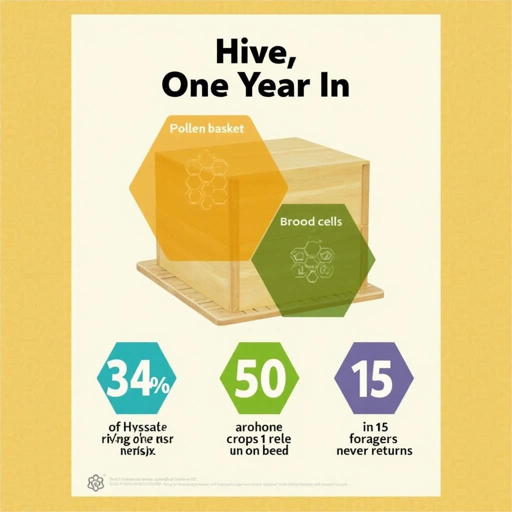 Printed poster titled "Hive, One Year In": at the center a cutaway of a hive frame, carrying two keyed regions, "Pollen basket" shaded amber and "Brood cells" shaded olive, beside a bottom row of three stat chips reading "34% of hives lost last winter", "50 crops rely on bees" and "1 in 15 foragers never returns".