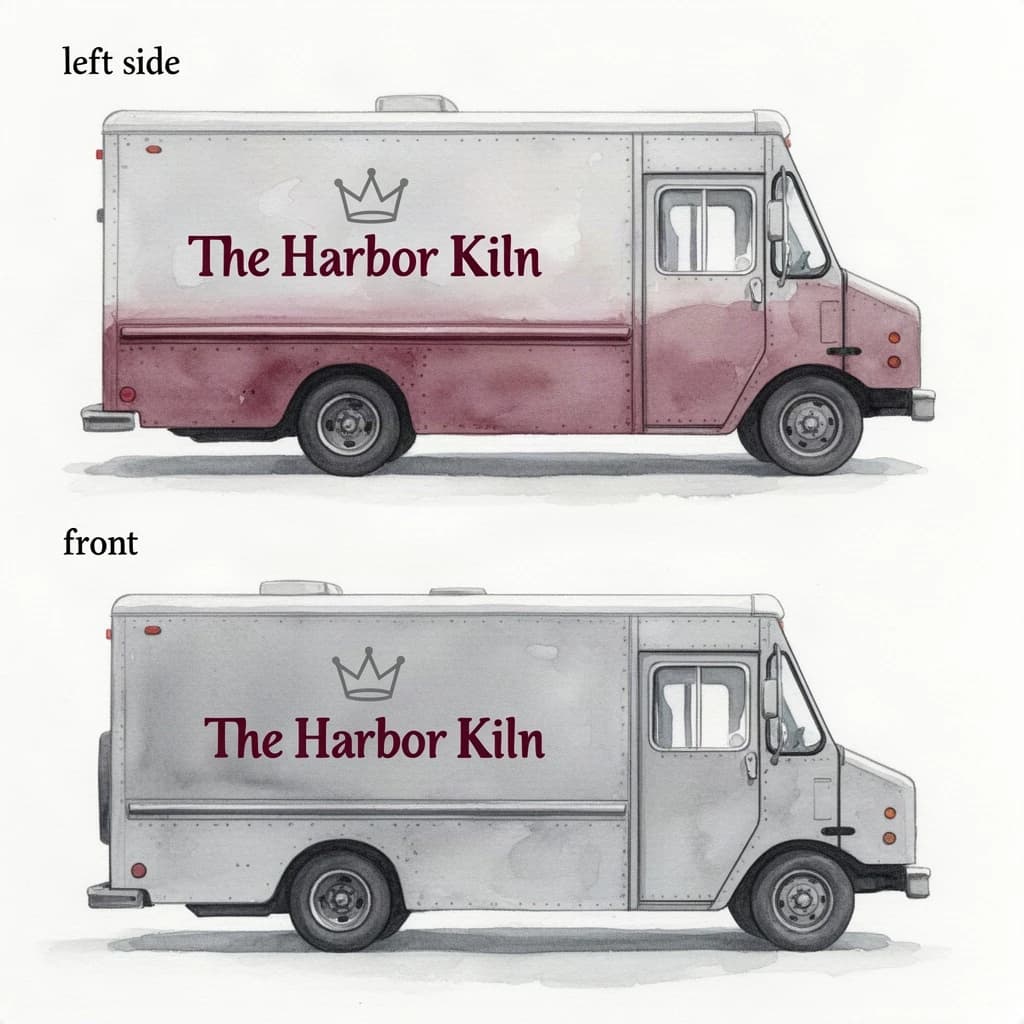 Watercolor of the same food truck drawn in two sides, captioned "left side" and "front", every side carrying the wordmark "The Harbor Kiln" with a simple crown outline beside it in the same maroon-and-gray coloring, only the side changing.
