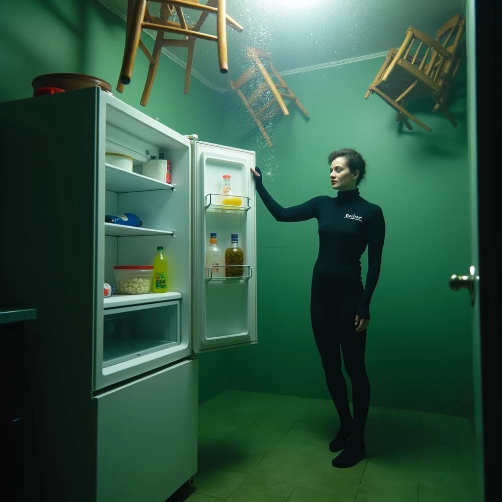 Underwater photograph inside a flooded apartment kitchen, silt green water, one window's worth of light from above. The refrigerator stands with its door swung open; three plastic bottles drift upward out of it, one still capped and two open and trailing bubbles, while a jar of pickles stays wedged on the middle shelf. A diver in a black wetsuit hovers to the right of the door, one hand on the top hinge, the other aiming a torch into the empty vegetable drawer. Two wooden chairs float against the ceiling above her, a third lies on its side on the tiles. Suspended particles, cold contrast, slow shutter softness.
