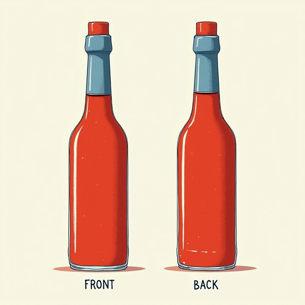 Printed poster of the same hot-sauce bottle drawn in two views, captioned "front" and "back", every view carrying the wordmark "Glass & Row" with a single droplet symbol beside it in the same blue-and-silver coloring, only the angle changing.