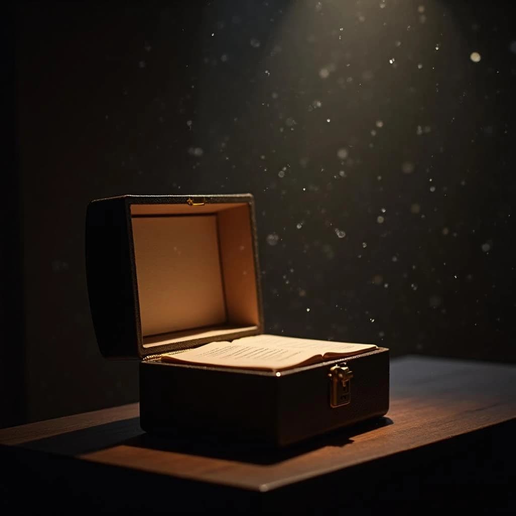 The quiet second when a music box takes on a thin rim of warm light, in a quiet library, in light rain.