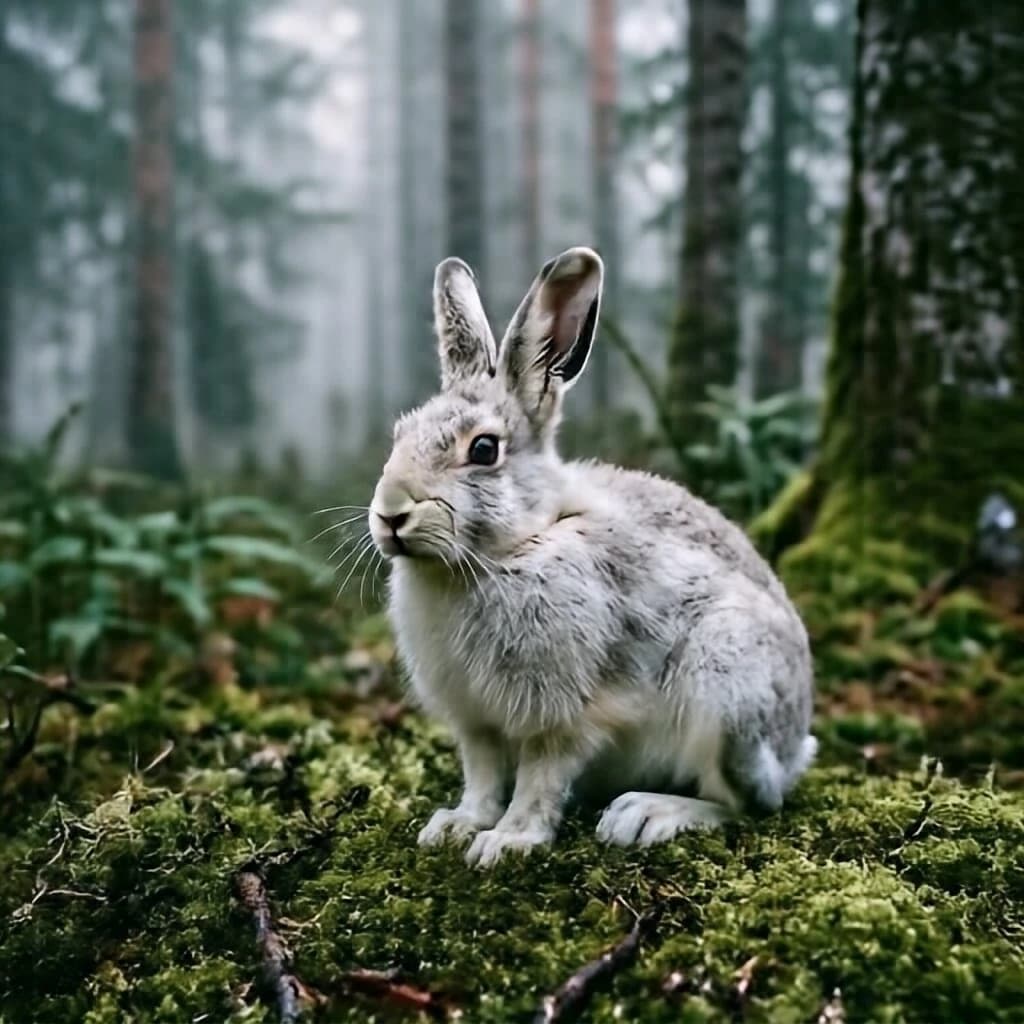 The brief instant when an arctic hare wears a faint coat of dust, on a mossy forest floor, in low-lying fog.