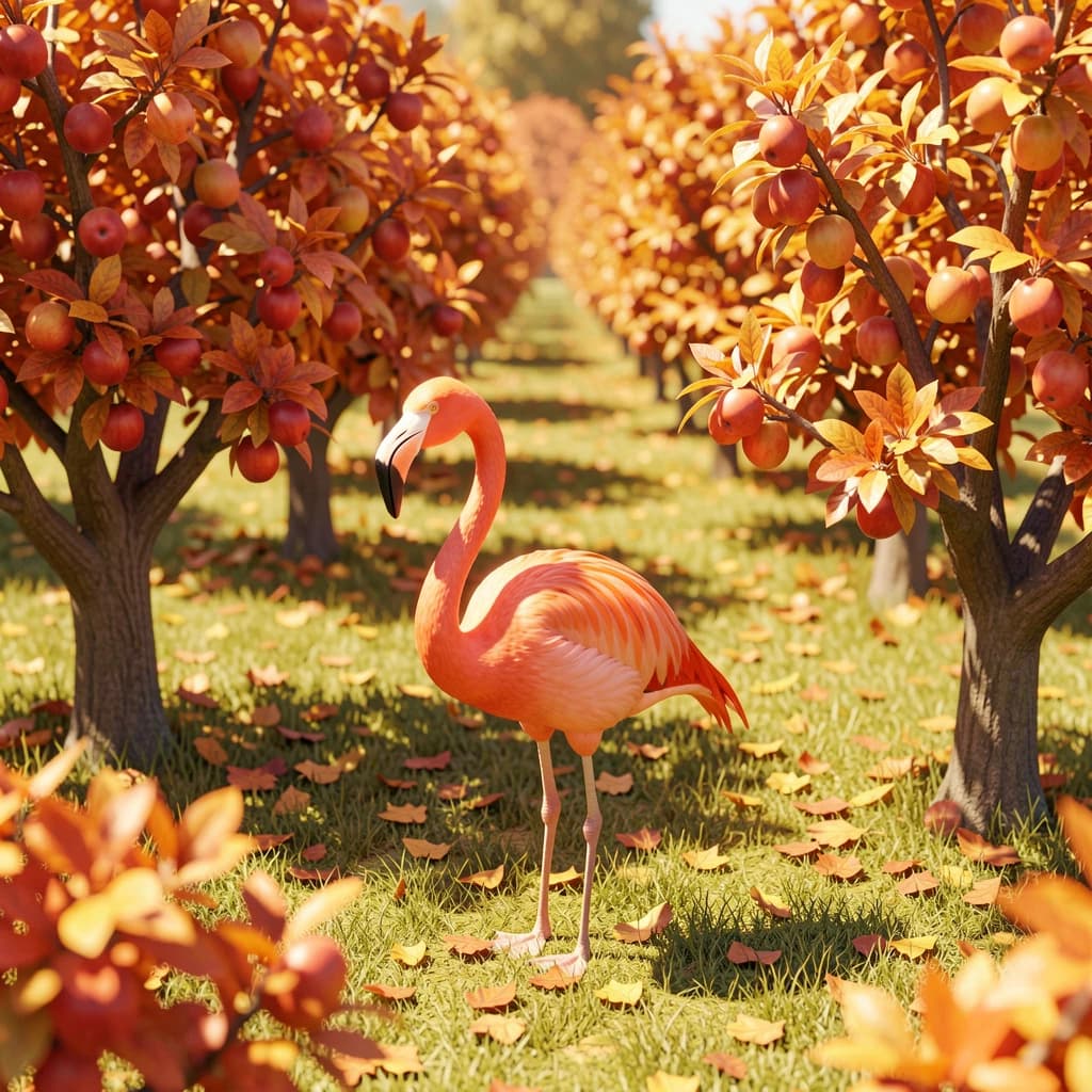 flamingo, autumn orchard, bright midday sun, telephoto compression, isometric 3D, subtle texture