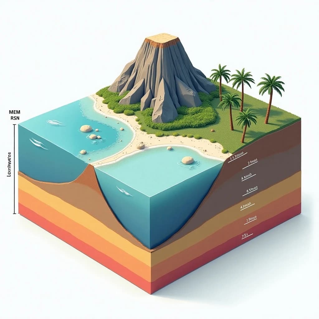 Cross section of a volcanic tropical island as a flat academic figure with clean colour blocks and a horizontal sea level line. Reading from the ocean on the left toward the right: a fringing reef crest, a shallow lagoon holding three coral heads, a white sand beach, a coconut palm belt of five trees, then a rising basalt cone with two lava layers picked out in darker grey, and a freshwater lens drawn as a pale blue dome under the middle of the island. Below sea level the flanks drop in three stepped terraces to a flat deep floor. Eight leader line labels, a depth scale down the left edge, and a small locator inset in the top right.