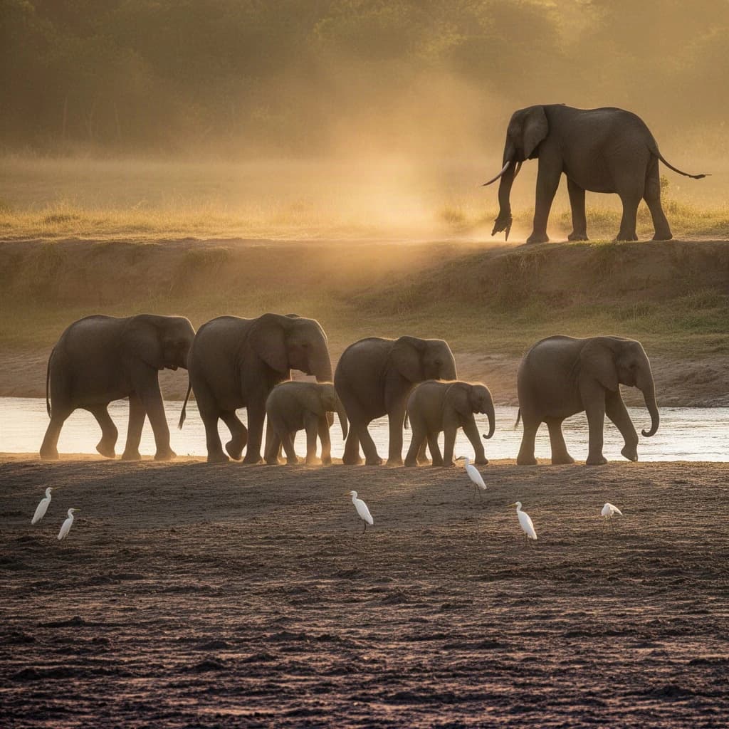 Wildlife photograph for a conservation campaign: a herd crossing a dusty riverbed in low sun. Seven elephants walking left to right, three adults flanking on the outside and two calves tucked between them, one adult trailing at the rear with a broken tusk, and the lead matriarch already up the far bank. Four egrets on the ground, only two of them near the calves. Long shadows, dust haze, nothing written in frame.