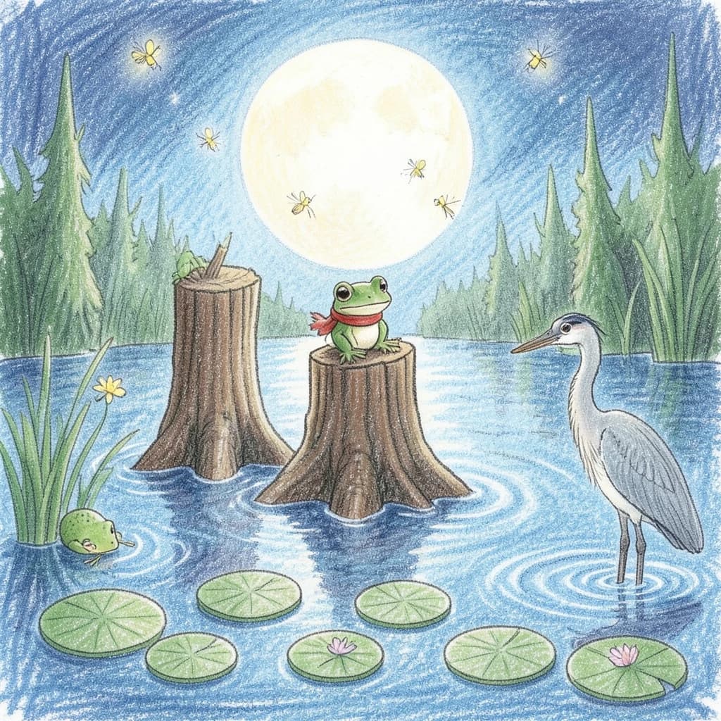 Story card in soft children's book illustration with crayon texture. A moonlit swamp with three cypress stumps in a row across the water. A small green frog in a red scarf sits on the middle stump. Two fireflies circle above his head while four more sit sleeping on the reeds to the left. A heron stands knee deep at the right edge, looking away from the frog. Nine lily pads float across the foreground, only one of them carrying a flower.