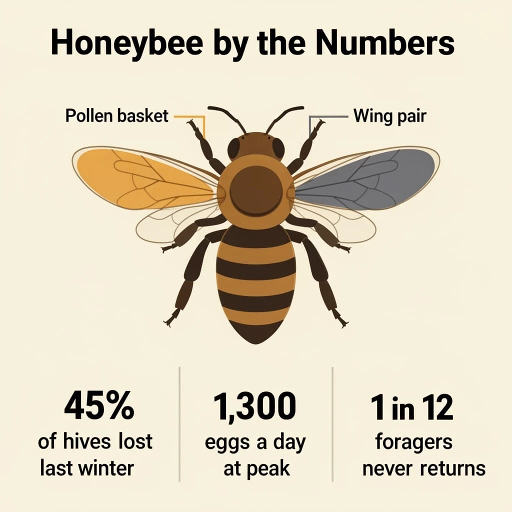 Flat vector illustration titled "Honeybee by the Numbers". A labeled bee diagram sits at the center, carrying two keyed regions, "Pollen basket" shaded amber and "Wing pair" shaded slate. Three stat chips run down a bottom row, reading "45% of hives lost last winter", "1,300 eggs a day at peak" and "1 in 12 foragers never returns". Each key color matches the shading of the region it names.