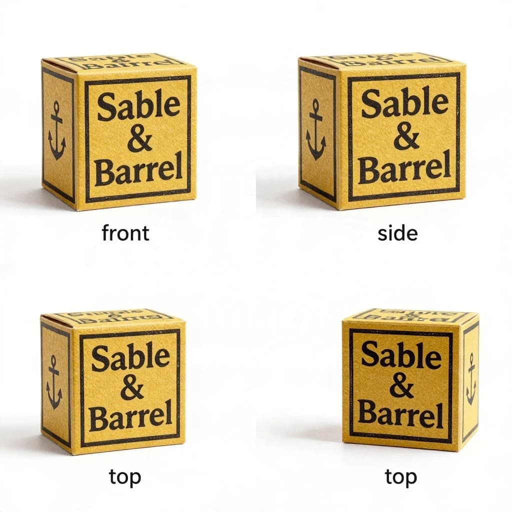 Linocut print: one board-game box in three views. The views are captioned "front", "side" and "top" in that order. The wordmark "Sable & Barrel" appears on every view with a small anchor mark beside it. The mustard-and-charcoal coloring is the same across every view, and only the angle changes.