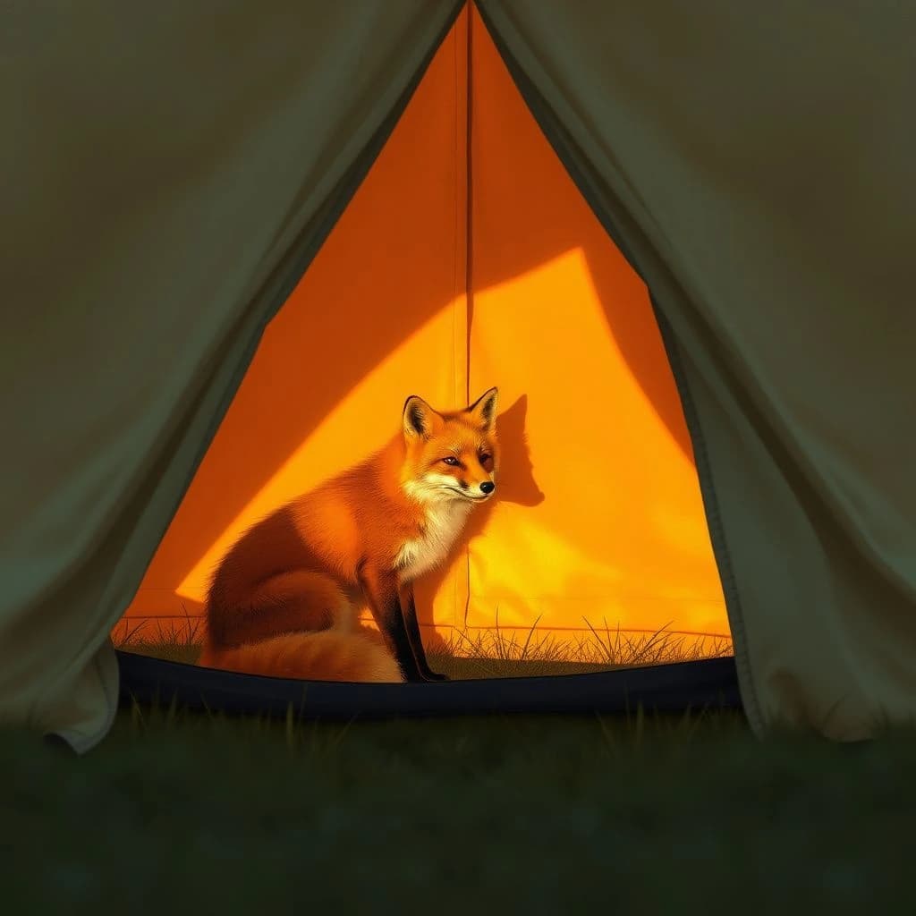 A red fox cast in a warm edge highlight inside a canvas tent, at golden hour, off-center framing with negative space, gouache style.