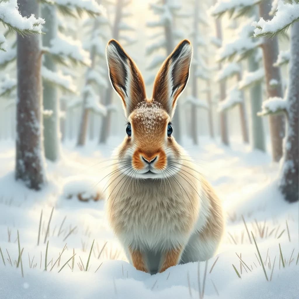 An arctic hare covered in morning dew in a snowy pine forest, in dappled afternoon light, symmetrical head-on framing, pastel drawing style.