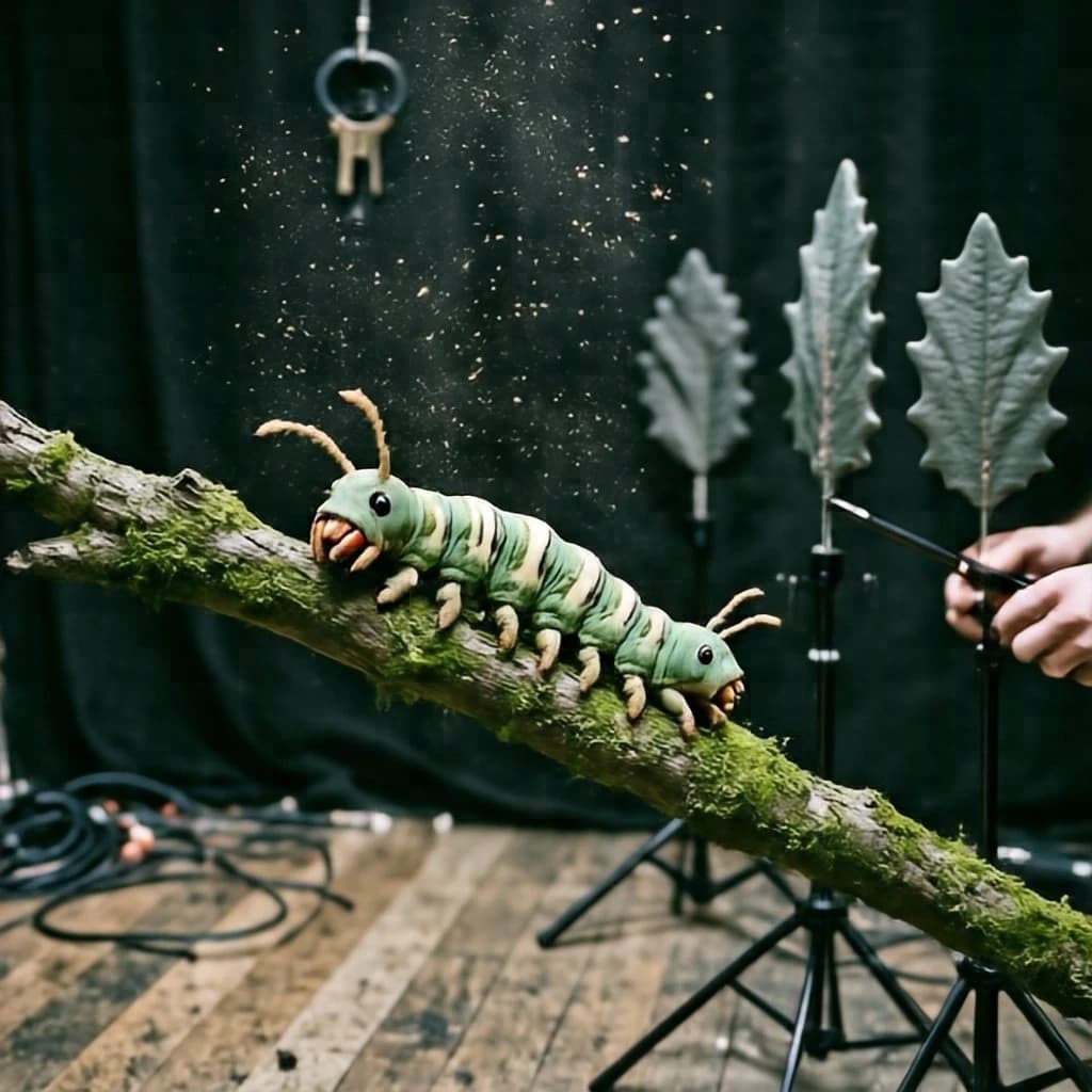 Macro photography of a practical effects test on a soundstage floor. A metre-long animatronic caterpillar puppet, dull green with a cream stripe, arched over a moss-covered branch: eight pairs of stubby legs, the front three pairs gripping the branch, the rest hanging free. Two thin black rods run out of frame to the right where a puppeteer's hands are just visible, and a third rod supports the head, which is turned toward camera with its mandibles open. Behind it, three sprayed foam leaves on stands, the middle one already chewed through. Hard key from above, black felt background, dust in the air.