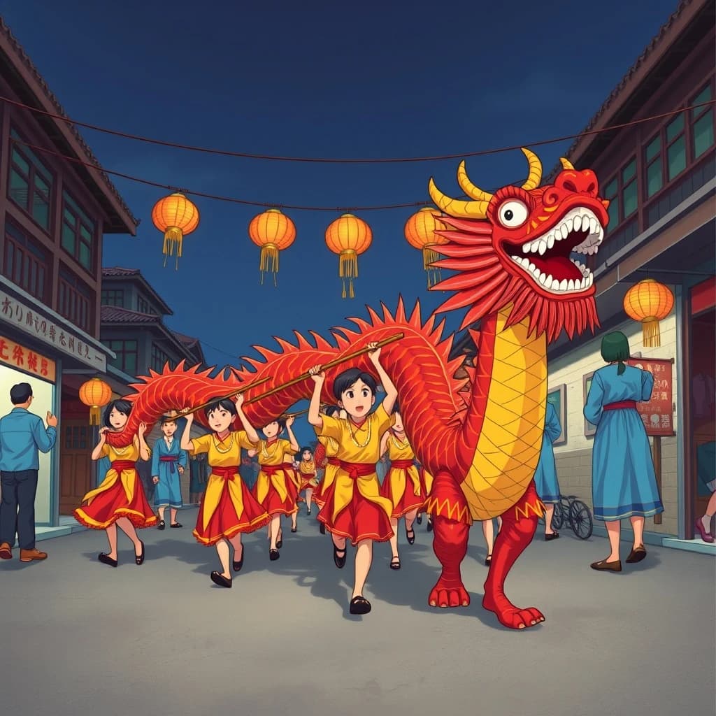 Video thumbnail in 90s anime style, hand painted cel look with visible grain: a red and gold dragon dance winding down a night market street toward the camera. Nine dancers hold the poles, the front three in yellow sashes and the back six in blue. The second dancer from the front has lost a shoe and is stumbling while the pearl bearer ahead of him spins his pole overhead. Five paper lanterns hang on a wire across the street, only the middle one unlit. Keep the sky in the upper left flat and dark for a title.