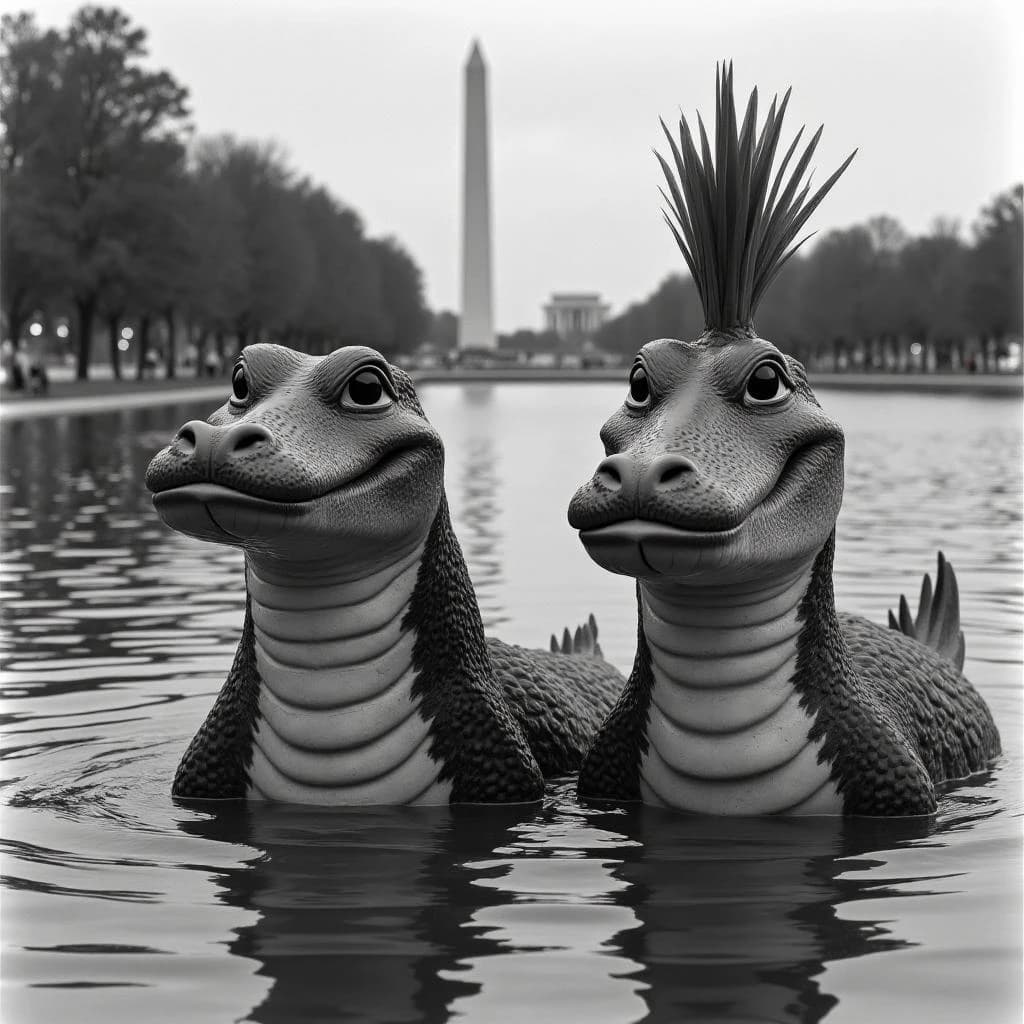 Manatee and Thunderbird in Washington, D.C., United States in the style of black and white