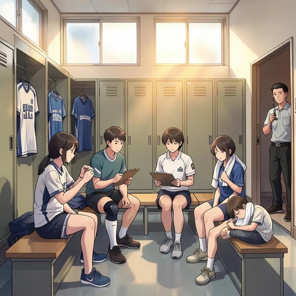 Modern anime interior for a high school volleyball series, wide view down a team locker room after practice. Eight lockers along the back wall in two banks of four, the three on the far left hanging open with jerseys spilling out and the rest shut. Four players occupy the foreground bench: the setter re-taping two fingers, the libero pulling on a knee sleeve, the captain reading a clipboard, and a first year asleep sitting upright with a towel over his face. A coach stands in the right doorway holding a whistle, half in shadow. Warm late-sun bars fall through high frosted windows, cel shading, clean bold linework.