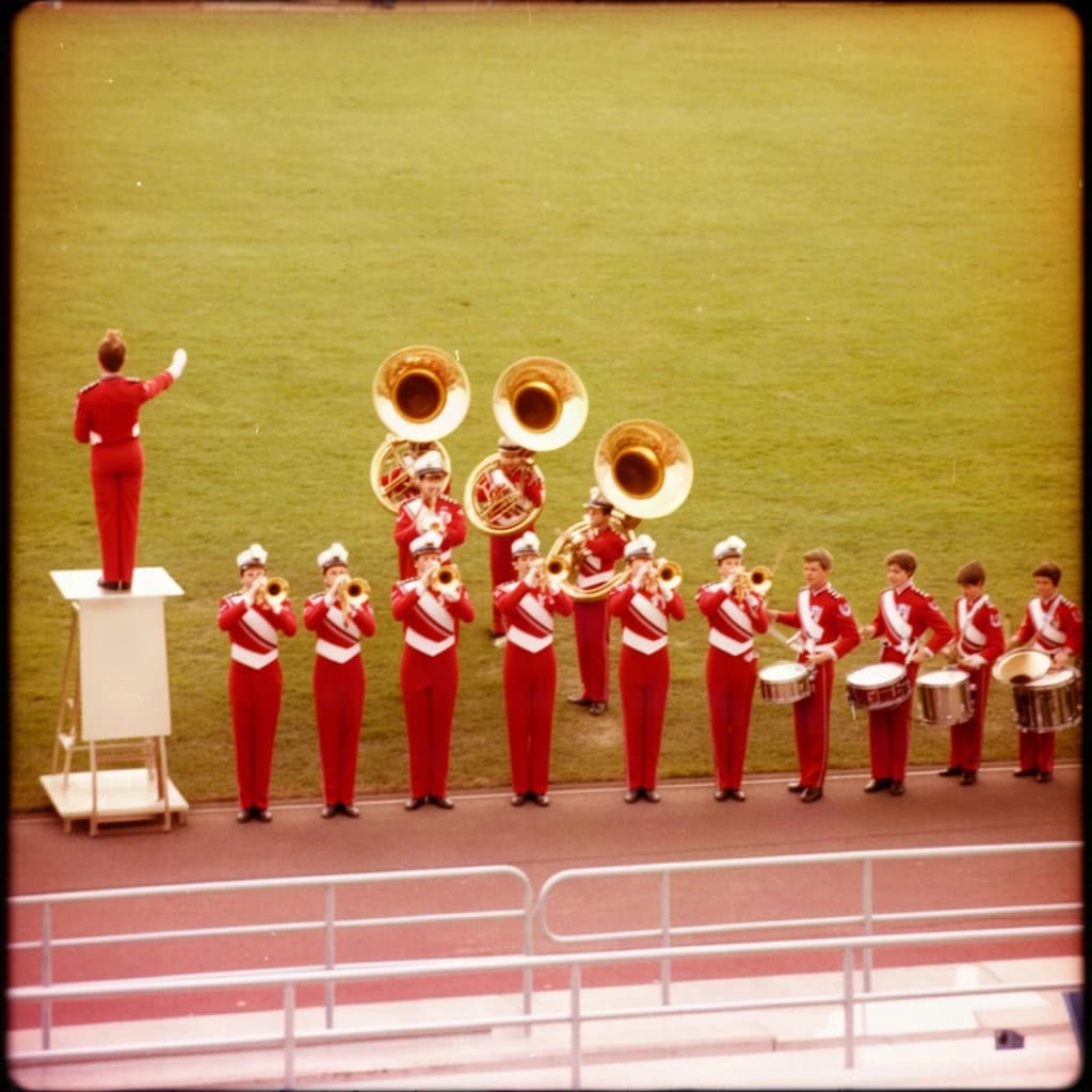 Nineteen seventies Kodachrome-era colour film look, faded warm grain and slight overexposure: a high school marching band seen from a stadium walkway. Front rank of five trumpet players in red and white uniforms, all with horns raised. Behind them three sousaphones in a triangle, the middle player caught mid turn. A line of four drummers to the right, the snare drummer nearest the camera mid stroke. A single drum major stands on a podium at the far left with his back to us, arms up. Empty green field behind them.
