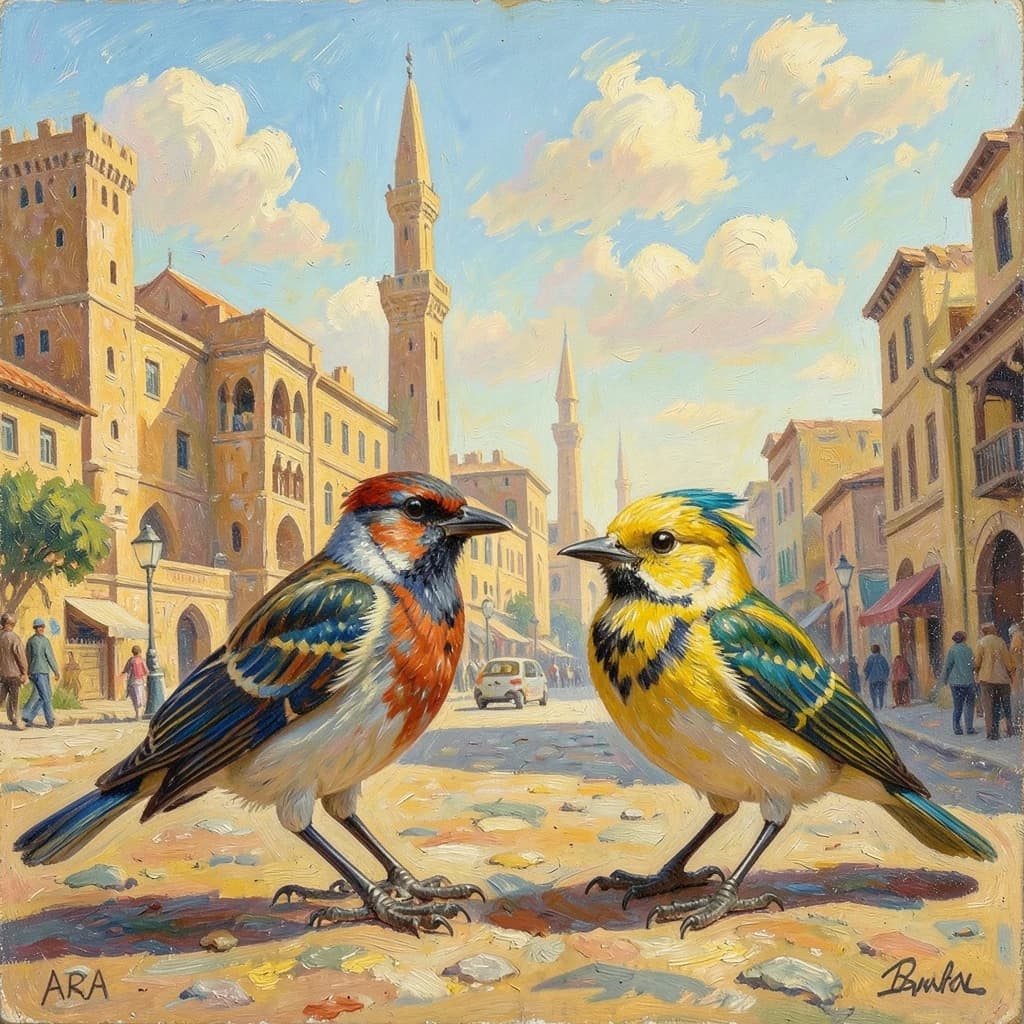 Scrub-Bird and Yellowtail in Cairo, Egypt in the style of impressionist