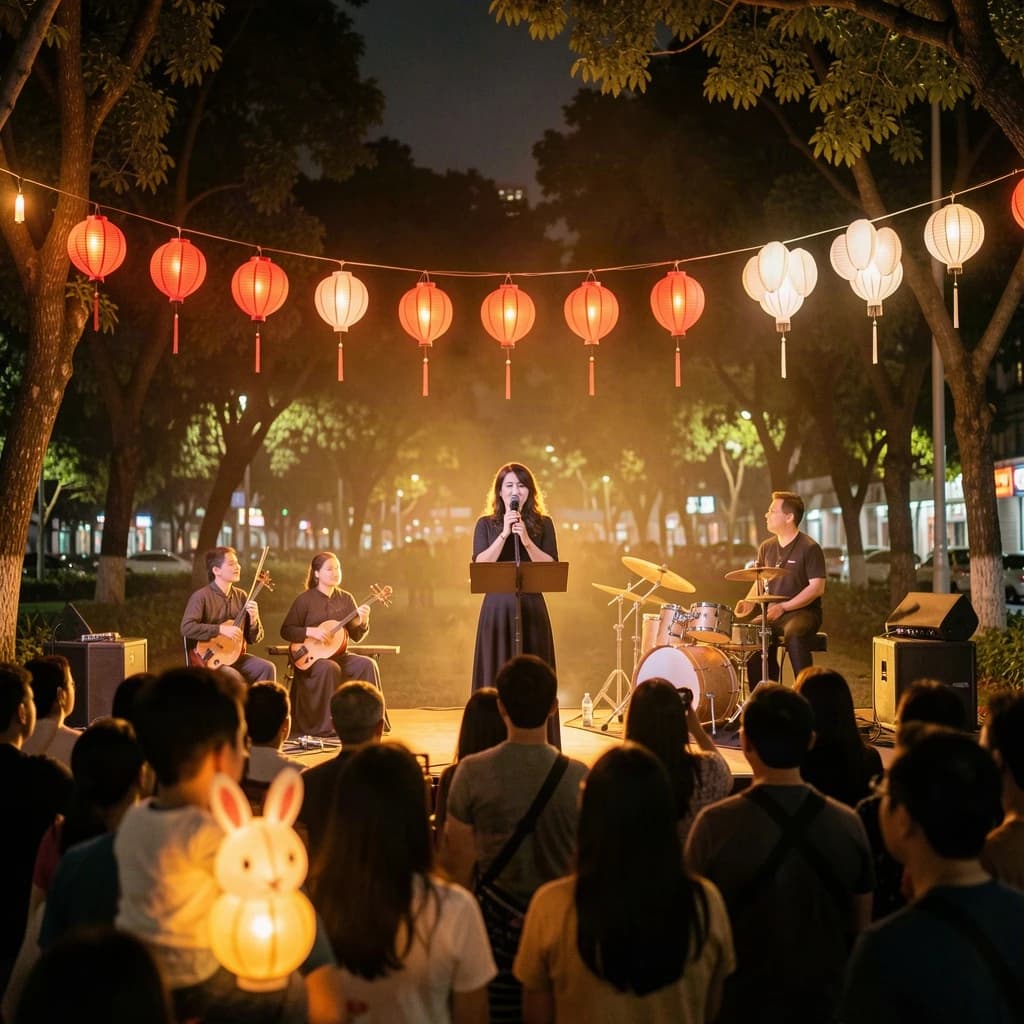 Concert photography, a Mid-Autumn Festival night in a Hong Kong park, shot from inside the crowd toward a low stage lit by warm floods. A singer at the centre microphone holds a note with both hands off the stand; on her left two erhu players sit side by side, on her right a single drummer stands. Eleven paper lanterns hang above the stage, the seven red ones strung in a line and the four white ones clustered at the right end. In the near foreground, out of focus, a child on a father's shoulders holds a rabbit lantern.