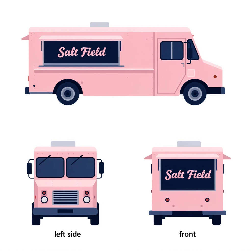 Flat vector illustration of the same food truck drawn in two sides, captioned "left side" and "front", every side carrying the wordmark "Salt Field" in the same pink-and-navy coloring, only the side changing.