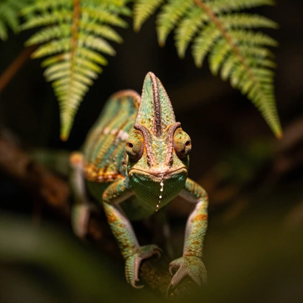 A chameleon half in shadow in a fern-filled ravine, under warm lamplight, symmetrical head-on framing, soft-focus portrait photography style.
