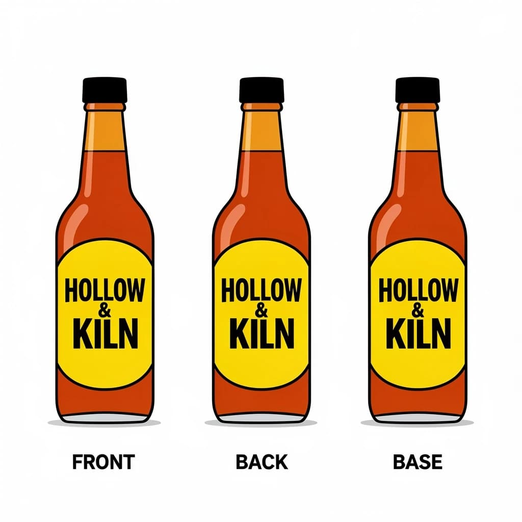 Flat vector illustration of the same hot-sauce bottle drawn in three views, captioned "front", "back" and "base", every view carrying the wordmark "Hollow & Kiln" in the same black-and-yellow coloring, only the angle changing.