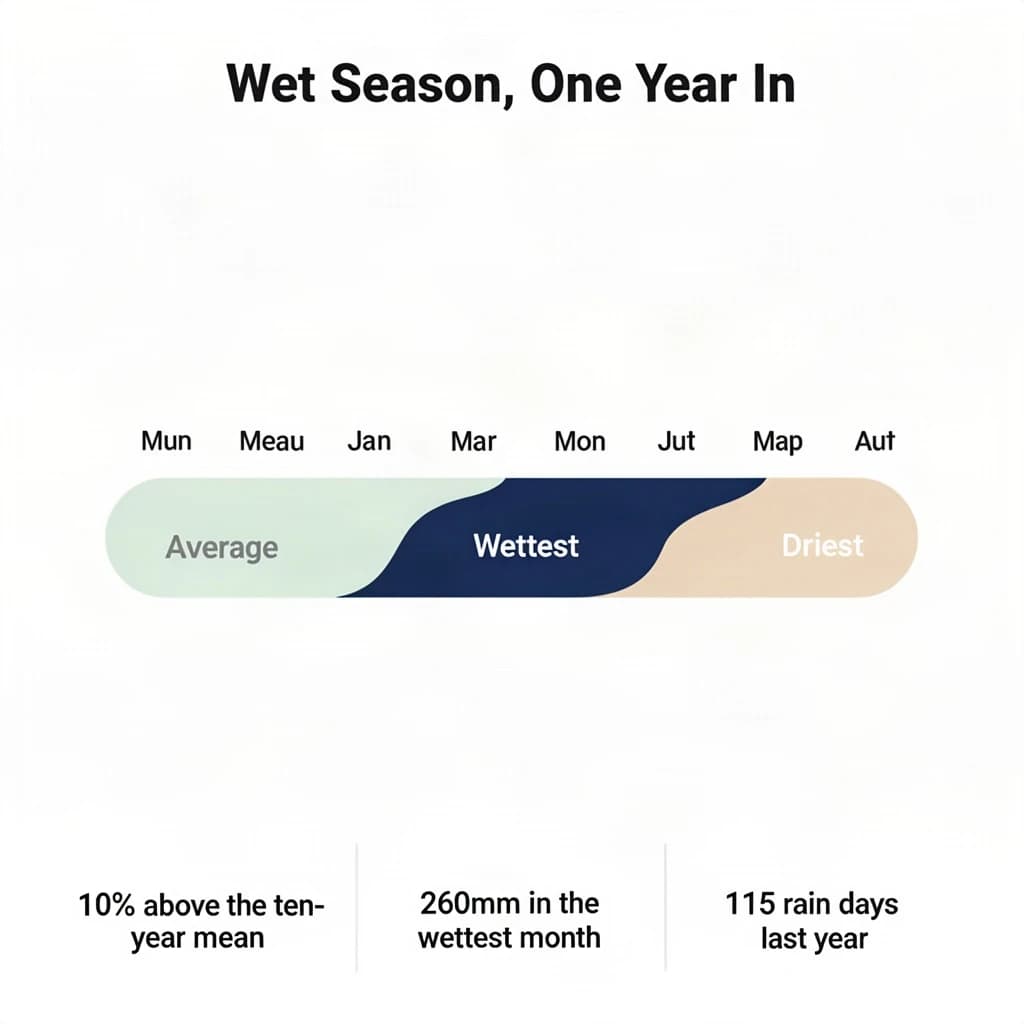 Flat vector illustration titled "Wet Season, One Year In". A twelve-month rainfall timeline sits at the center, carrying three keyed regions, "Average" shaded pale green, "Wettest" shaded dark blue and "Driest" shaded sand. Three stat chips run down a bottom row, reading "10% above the ten-year mean", "260mm in the wettest month" and "115 rain days last year". Each key color matches the shading of the region it names.