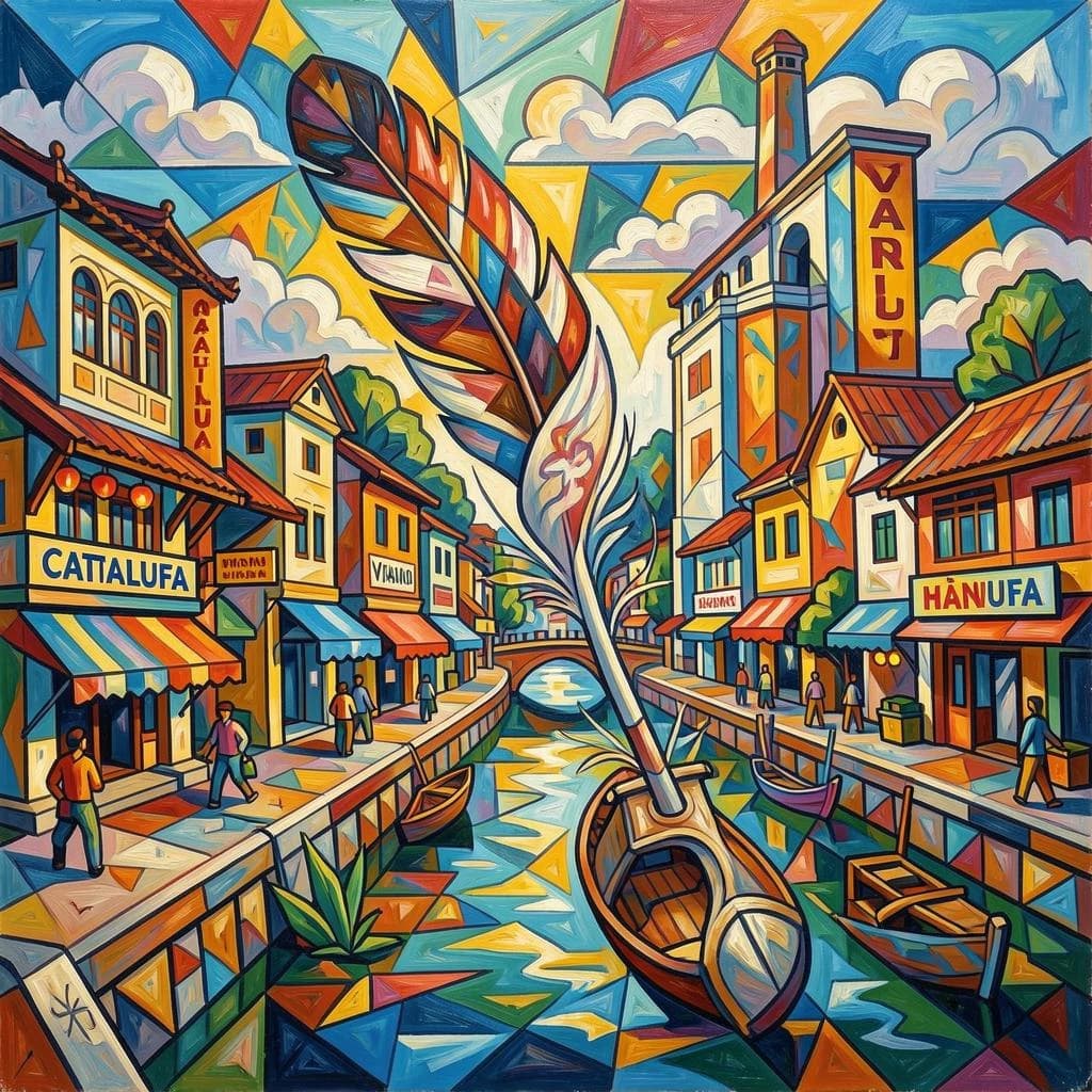 Flight Feather and Catalufa in Hanoi, Vietnam in the style of cubist