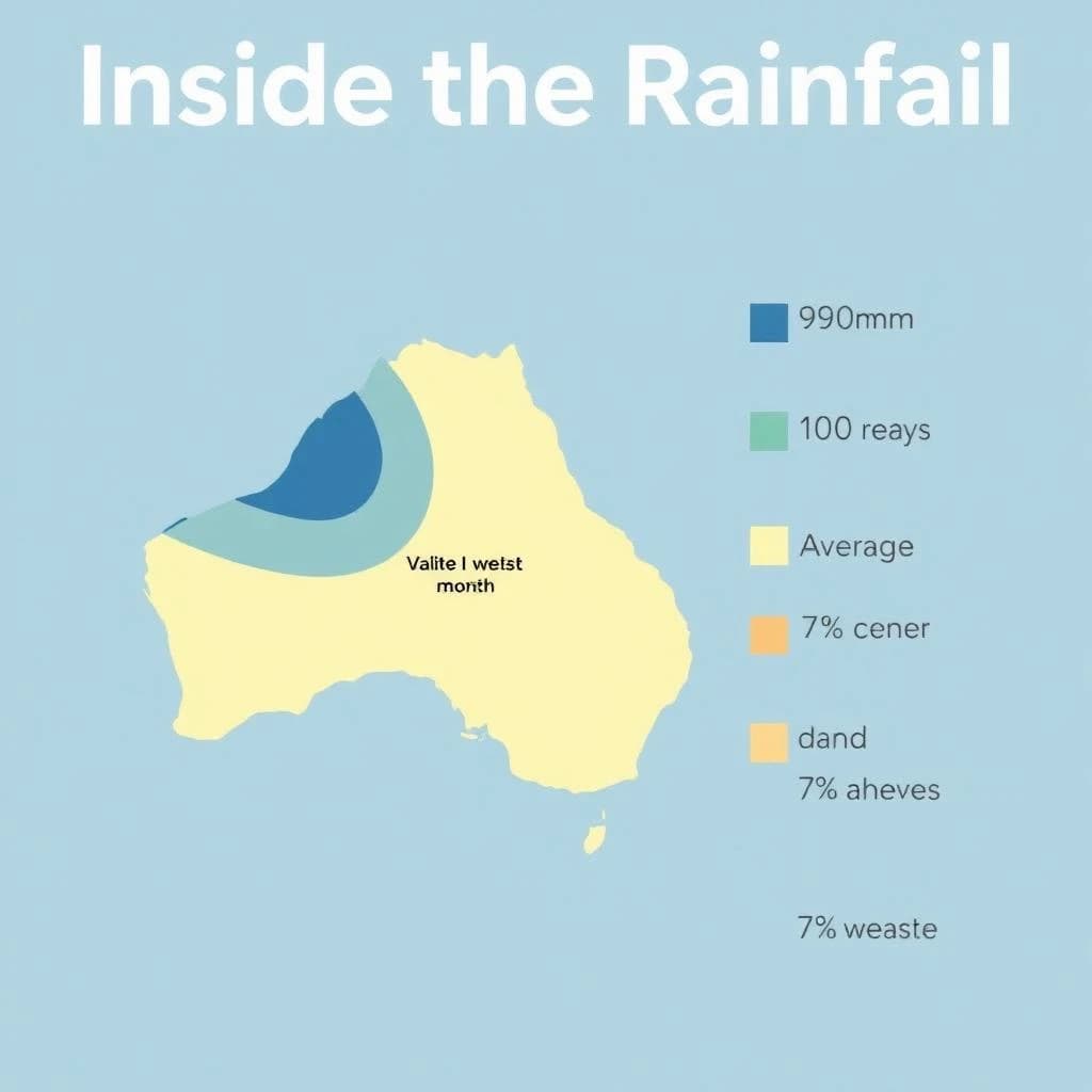 Printed poster titled "Inside the Rainfall". A simplified regional map with shaded bands sits at the center, carrying three keyed regions, "Wettest" shaded dark blue, "Average" shaded pale green and "Driest" shaded sand. Three stat chips run down a right column, reading "190mm in the wettest month", "100 rain days last year" and "7% above the ten-year mean". Each key color matches the shading of the region it names.