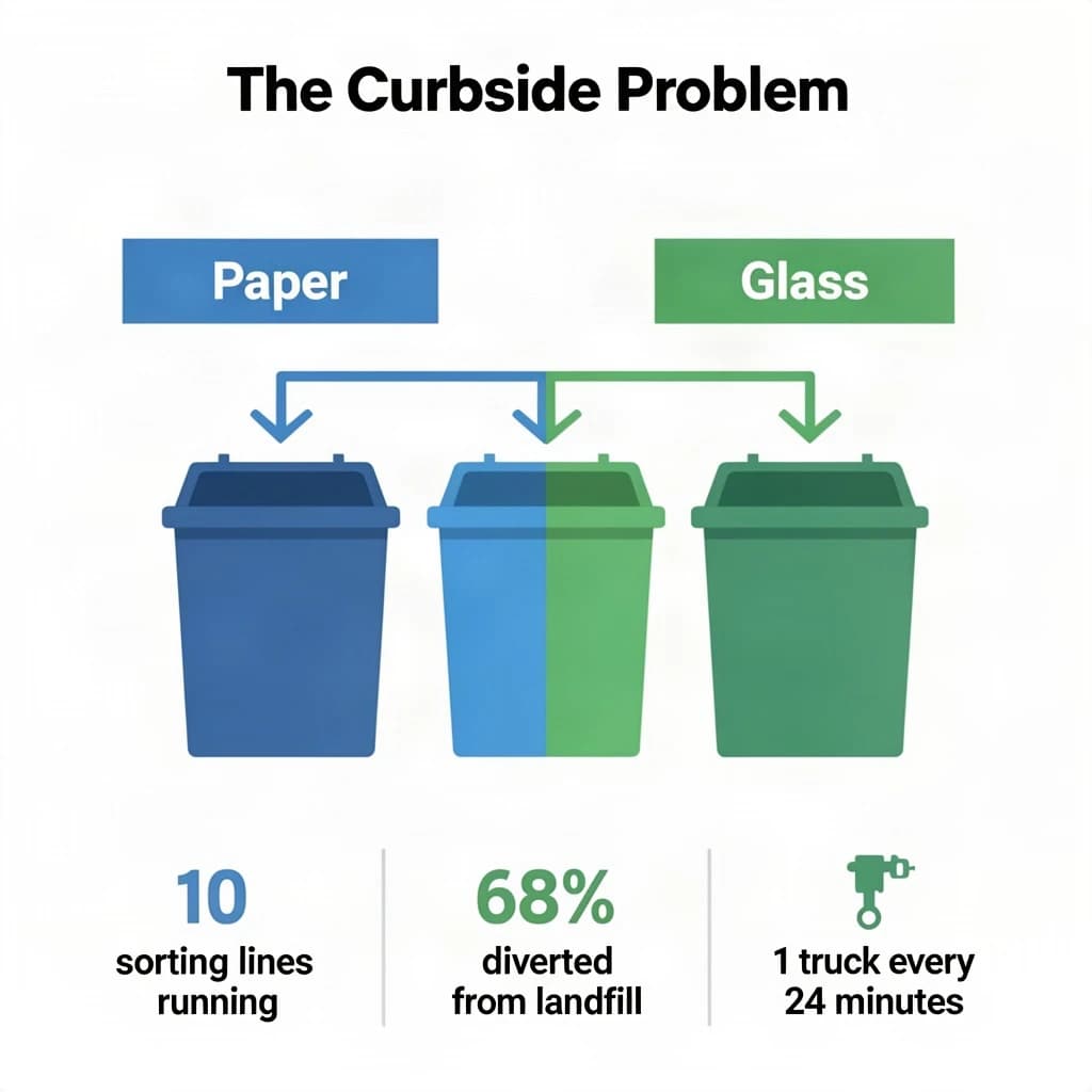 Flat vector illustration titled "The Curbside Problem". Three sorting bins with arrows to their destinations sits at the center, carrying two keyed regions, "Paper" shaded blue and "Glass" shaded green. Three stat chips run down a bottom row, reading "10 sorting lines running", "68% diverted from landfill" and "1 truck every 24 minutes". Each key color matches the shading of the region it names.