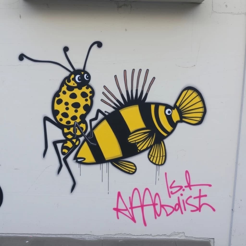 Fungus Gnat and Banded Rudderfish in Rome, Italy in the style of graffiti