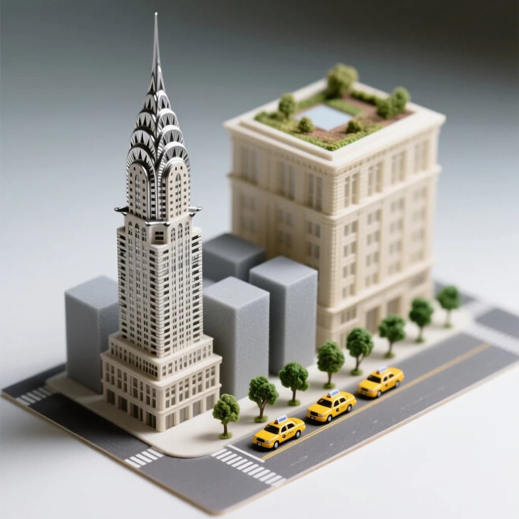 Tilt shift photograph of a hand built architectural scale model of a Midtown Manhattan block, studio lit from the upper left.
The Chrysler Building stands on the corner in polished silver card with its stepped crown and triangular windows. Directly across the street sits a proposed cream limestone tower, two floors shorter, topped by a stepped roof garden. Between them four smaller grey massing blocks in plain foam. Six tiny yellow cabs on the avenue, three stopped at the crossing and three queued behind, with a line of green model trees down the median.