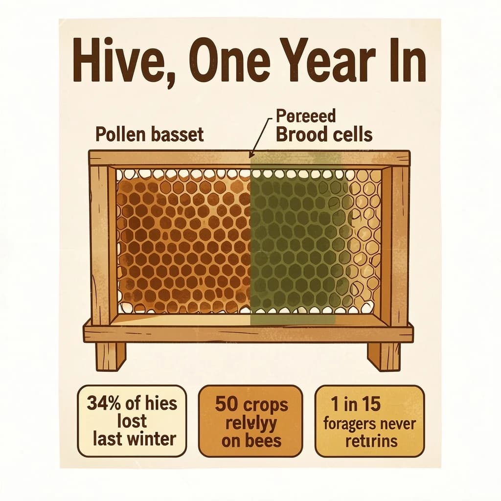 Printed poster titled "Hive, One Year In": at the center a cutaway of a hive frame, carrying two keyed regions, "Pollen basket" shaded amber and "Brood cells" shaded olive, beside a bottom row of three stat chips reading "34% of hives lost last winter", "50 crops rely on bees" and "1 in 15 foragers never returns".